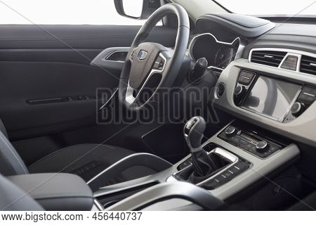 Russia, Izhevsk - August 14, 2020: Geely Showroom. Interior Of New Modern Atlas Off-road Car In Deal