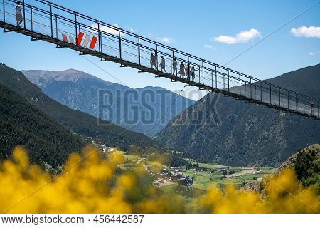 Canillo, Andorra. 2022 June 9. People Walking On The Longest Tibetan Bridge In Europe, 600 Meters Lo