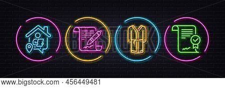 Work Home, Bathrobe And Agreement Document Minimal Line Icons. Neon Laser 3d Lights. Approved Agreem