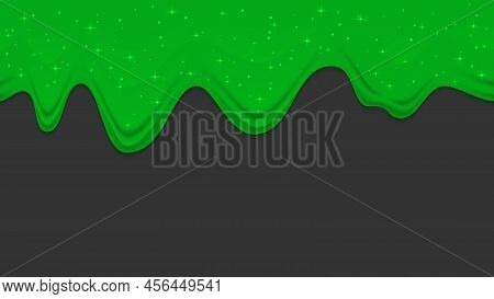 Green Dribble Slime On Dark Background. Flowing Toxic Sticky Liquid. Vector Background