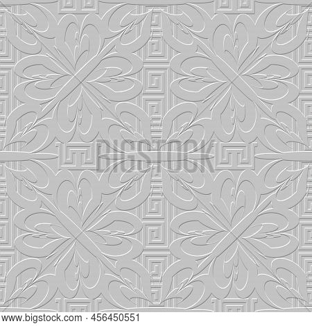 Floral Embossed 3d Greek Seamless Pattern. Vector Textured White Abstract Background. Ancient Emboss