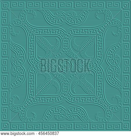 Floral Embossed 3d Greek Seamless Pattern. Vector Textured Greek Background. Ancient Emboss Square F