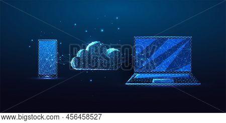 Futuristic Cloud Strorage Concept With Glowing Low Polygonal Laptop, Smartphone And Cloud On Blue
