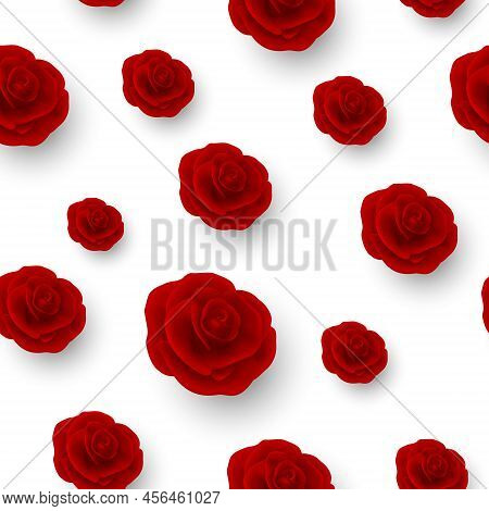 Vector Flower Seamless Pattern, Red Realistic 3d Roses On White. Floral Seamless Background. Wedding