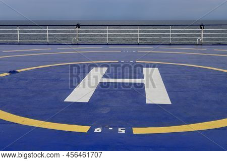 Blue Marked Helipad For Helicopter Landing On Ferry Out In The Sea