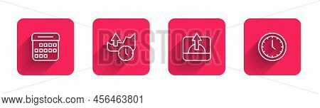 Set Line Calendar, Stocks Market Growth Graphs, Sunrise And Clock With Long Shadow. Red Square Butto