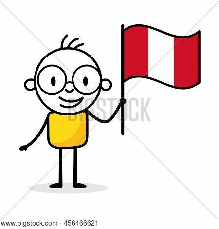Man Holding Flag Of Peru Isolated On White Background. Hand Drawn Doodle Line Art Man. Concept Of Co