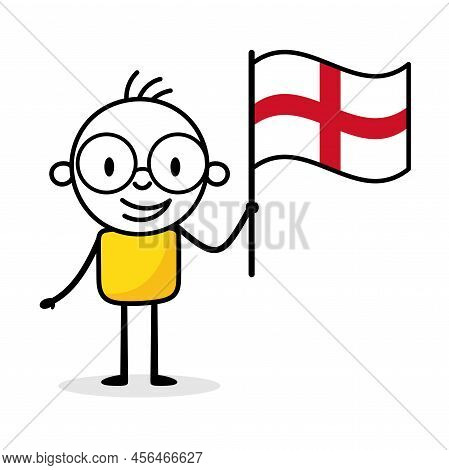 Man Holding Flag Of England Isolated On White Background. Hand Drawn Doodle Line Art Man. Concept Of