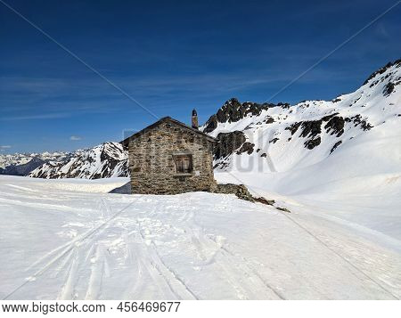 Ski Tour On The Wiss Platte Mountain Above Sankt Antonien In Graubunden, Switzerland. Ski Mountainee