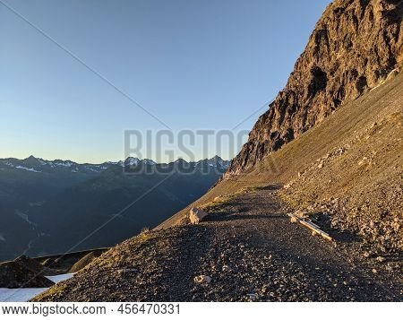 Enduro Bike Trail At Parsenn Davos Klosters Mountain Earliy Morning. Great Trail Next To Mountain Wi