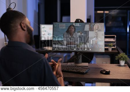 Businessman Using Remote Teleconference Call In Online Meeting With Colleagues, Videocall Conversati
