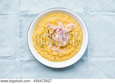 Yellow Split Peas Dip With Olive Oil And Green Onions. Fava Greek Food.