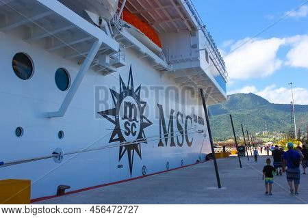 Msc Seashore Cruise Ship Docked At Tropical Island