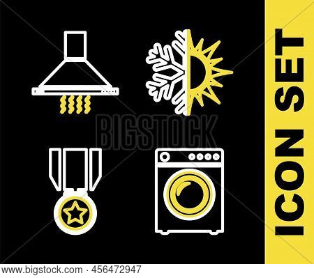 Set Line Sun And Snowflake, Washer, Medal With Star And Kitchen Extractor Fan Icon. Vector
