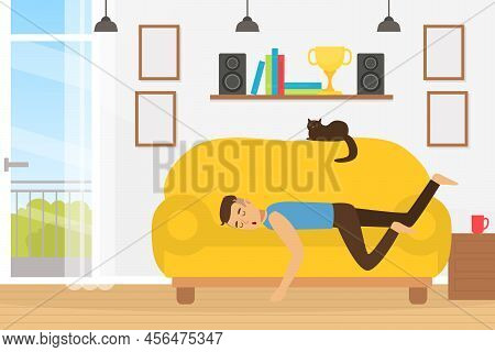 Tired Man Character Fallen Asleep On Sofa With Black Cat Sitting On Top Vector Illustration