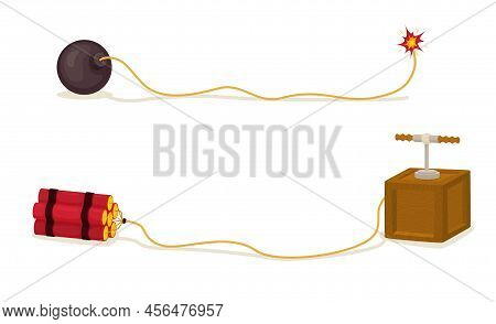 Dynamite Bomb Flat Set Of Isolated Images With Dynamites Pack And Bomb Burning Wick And Remote Vecto