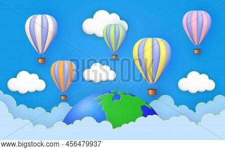 Cute Blue Sky Background With Paper Cut Clouds And 3d Colorful Hot Air Balloons Flying Over Earth. V