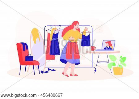 Woman Consulting With Personal Stylist Online. Stylist Helping Client To Choose Clothes. Consultant 