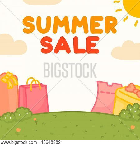 Summer Sale Sunshine And Gift Box On Meadow Kawaii Doodle Cartoon Vector