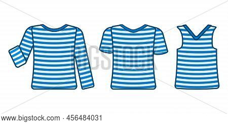 Set Of Striped Sailor T-shirt Isolated On White Background. Sea Striped Shirt With Long, Short Sleev