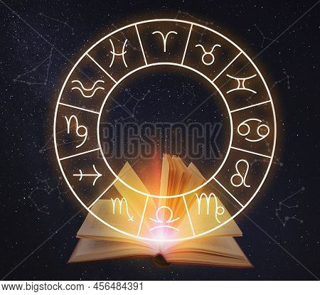 Open Book, Illustration Of Zodiac Wheel With Astrological Signs And Starry Sky At Night