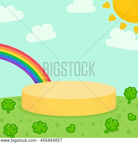 Rainbow And Clover In Bright Sky Sun Blank Podium For Product Scene Kawaii Doodle Cartoon Vector