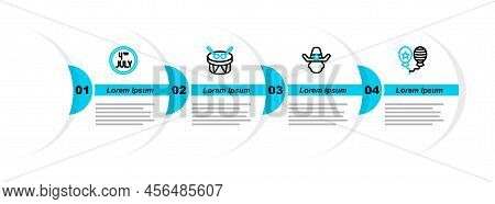 Set Line Balloons, Sheriff Cowboy, Drum And Drum Sticks And Calendar With Date July 4 Icon. Vector