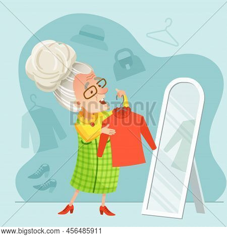 Vector Illustration Of A Clothing Store Interior In Nice Light Blue Tones. Old Woman With Glasses Tr