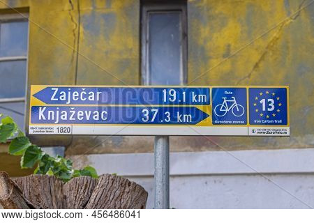Lenovac, Serbia - June 12, 2022: Bicycle Route Direction Arrows At Junction Iron Curtain Trail Euro 