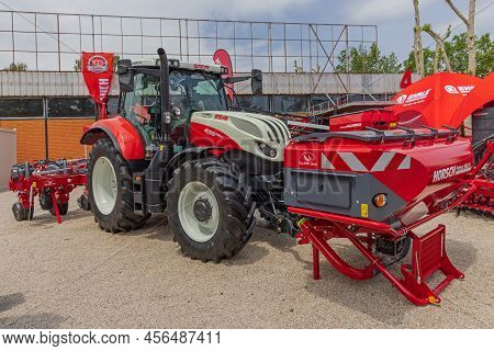Novi Sad, Serbia - May 23, 2022: Steyr Tractor With Horsch Attachments Farming Equipment At Agricult