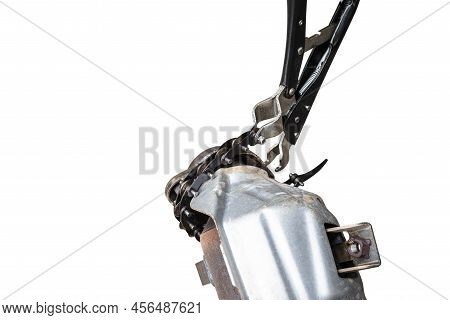 Large Car Catalytic Converter With Pipe Shears, Isolated On A White Background With A Clipping Path.