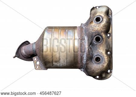 Big Car Catalytic Converter, Views From Above, Isolated On A White Background With A Clipping Path.