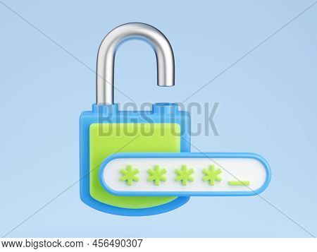 Personal Data Secure 3d Render - Open Padlock And Password Field With Incomplete Passcode Entry.