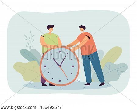 Two Office Workers With Big Clock As Symbol Of Deadline. Men With Timer Or Stopwatch Flat Vector Ill