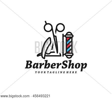 Barbershop Scissors And Razor Design. Hairdressing Barber Salon Vector Design. Tools For Cutting Bea