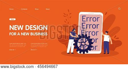Female Programmers Fixing Application Error On Huge Smartphone. Software Problem Flat Vector Illustr