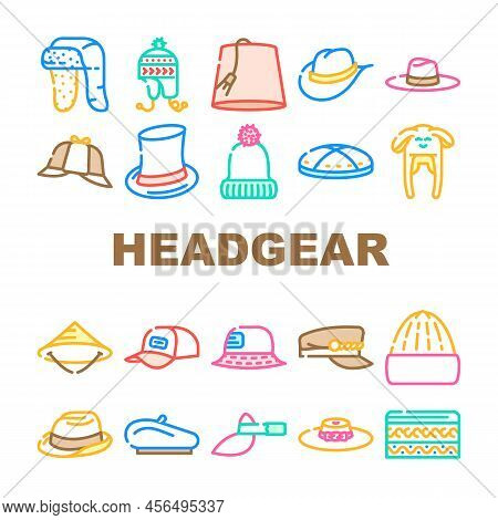 Headgear Stylish Head Clothes Icons Set Vector. Children Winter Warm Hat And Panama Summer Seasonal 