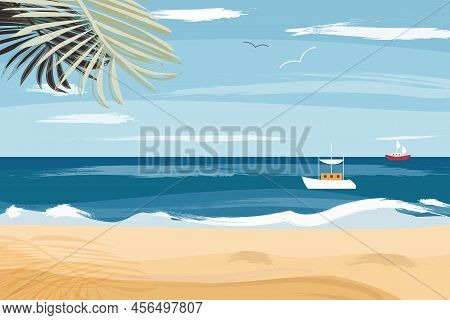 Summer Seascape With Tropical Beach, Sail Boats, Ships Floating In Sea. Passenger Sailboats, Speedbo