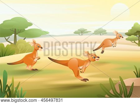 Three Cute Kangaroos Jumping Across Green Plain With Trees And Sun In Background Cartoon Vector Illu
