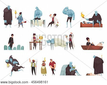 Frankenstein Cartoon Set With Doctor And Coming To Life Monster In Different Situations Isolated Aga