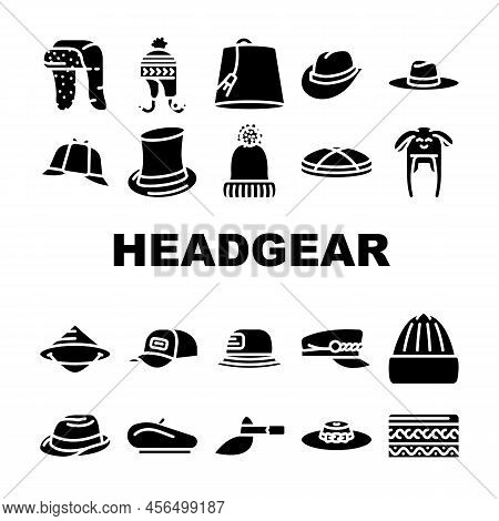 Headgear Stylish Head Clothes Icons Set Vector. Children Winter Warm Hat And Panama Summer Seasonal 