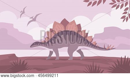 Stegosaurus With Spikes On The Tail. Herbivorous Dinosaur Of The Jurassic Period. Prehistoric Wildli
