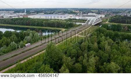Duffel, Antwerp, Belgium, May 18th, 2022, Empty Railroad Running Over A Bridge On The River The Nete