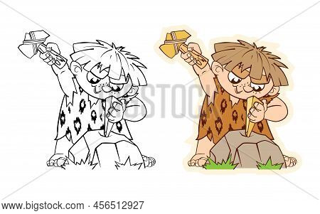 A Set Of Funny Stickers Of A Prehistoric Primitive Man, Dynamic Figures Of A Character In A Cartoon 