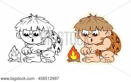 A Set Of Funny Stickers Of A Prehistoric Primitive Man, Dynamic Figures Of A Character In A Cartoon 