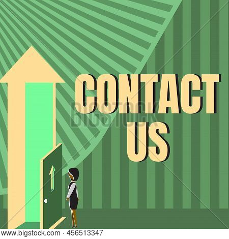Hand Writing Sign Contact Us. Word For Group Of Person That Rendering Costumer Service Through Telec