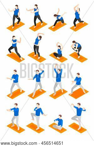 World Tai Chi And Qigong Day Isometric Icons Set With People In Different Poses Isolated Vector Illu