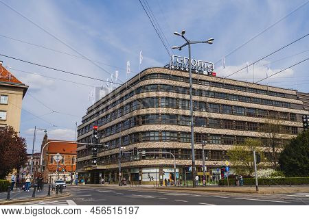 Wroclaw, Poland - April 18, 2022: Renoma Shopping Mall On Urban Street With Sky At Background