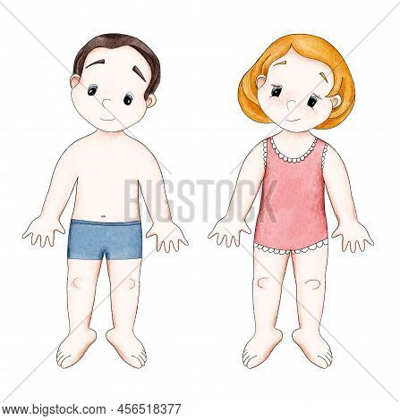 Drawn Little Girl And Boy Who Stand In Full Growth. Children In Bathing Suits Or Underwear. Digital 