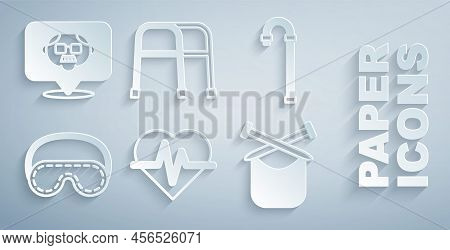 Set Heart Rate, Walking Stick Cane, Eye Sleep Mask, Knitting, Walker And Grandfather Icon. Vector